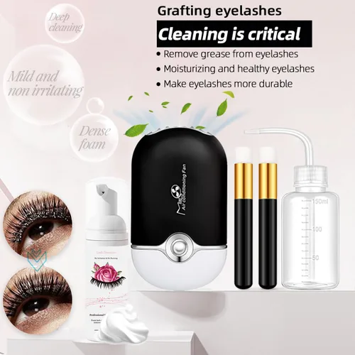 Miniatura 7 de Kit de extensión de pestañas, herramientas profesionales de entrenamiento de injerto de pestañas, cabeza de maniquí, ventilador USB, champú de Negro