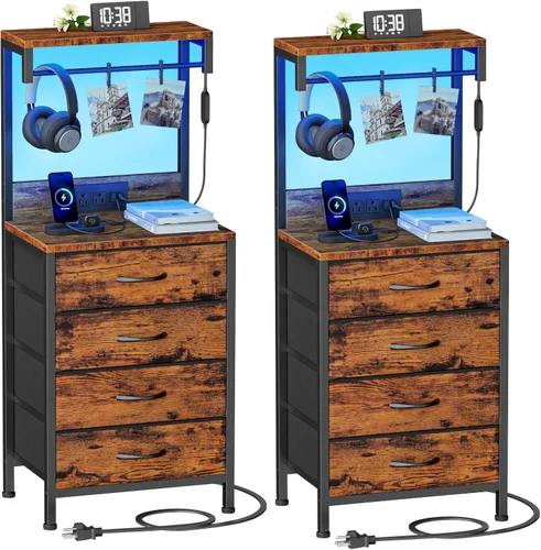 Miniatura 13 de Furnulem Mesita de noche alta con estación de carga, mesitas de noche con luces LED y estantes de almacenamiento, mesa auxiliar de cama para Roble