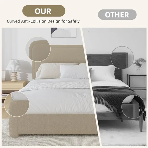 Miniatura 6 de BarnFurin Cloud Boucle - Base de cama de tamaño matrimonial, plataforma tapizada con cabecero, esquinas redondeadas suaves, no requiere somier, Beige
