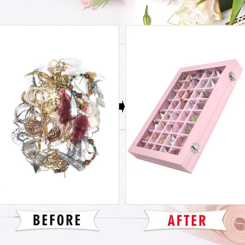 Miniatura 5 de Bandeja organizadora para joyas, caja organizadora de 48 rejillas para joyas, caja organizadora con tapa transparente, anillos, aretes, collares