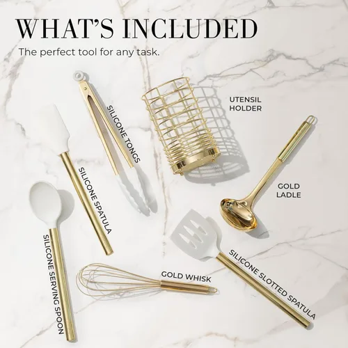 Miniatura 3 de Juego de utensilios de cocina de silicona blanca y dorada con soporte dorado para utensilios – 7 piezas de silicona – Ideal para utensilios