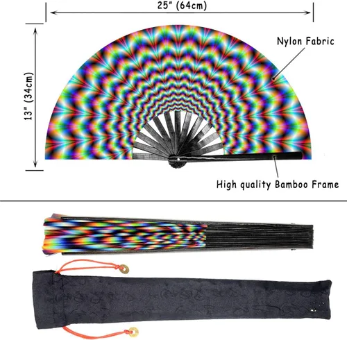 Miniatura 2 de Ventilador de mano plegable grande para mujeres/hombres, chino/japonés con bambú y tela de nailon, ventilador de mano, para actuaciones, Trippy