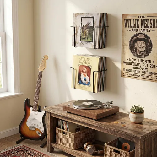 Miniatura 4 de MyGift Paquete de 2 soportes de vinilo para montaje en pared, estante flotante para discos de vinilo, estantes de exhibición de pared de metal negro