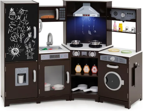 Costzon Cocina de Esquina de Juguete con Luces, Sonidos, Gran Juego de Cocina de Pretensión con Pizarra, Microondas, Accesorios de Cocina, Juguete