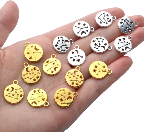 Miniatura 7 de Dijes redondos del signo del zodiaco, con doce constelaciones, dijes de aleación del zodiaco, dijes de doble cara para joyería, aretes, pulseras