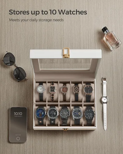 Miniatura 4 de SONGMICS Caja de reloj, regalos de Navidad, caja de reloj de 10 ranuras con tapa de vidrio grande, almohadas de reloj extraíbles, organizador