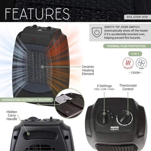Miniatura 3 de Dual Comfort - Calentador de espacio portátil 2 en 1 y ventilador con elemento calefactor de cerámica, termostato ajustable, protección contra