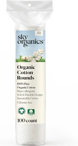 Sky Organics Redondas de algodón orgánico para pieles sensibles, 100% puro certificado GOTS orgánico para belleza y cuidado personal, 100 unidades