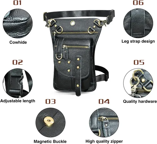 Miniatura 5 de Handadsume Riñonera de lona resistente al agua + cuero para motocicleta, riñonera de viaje para muslo, bolsa para hombres y mujeres, FB2141, 100%