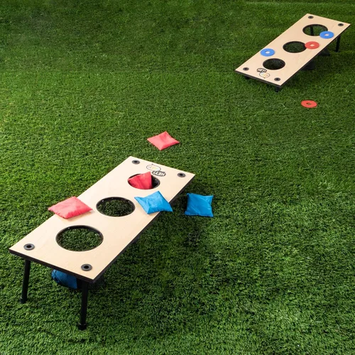 Miniatura 8 de HEY! PLAY! Juego de arandelas 2 en 1 y juego de lanzamiento de bolsas de frijoles, para interiores o exteriores, juegos clásicos de madera