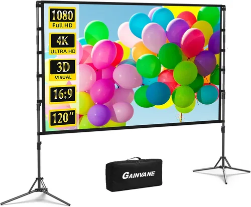 Pantalla de proyector y soporte, GAINVANE pantalla de proyector portátil de 120 pulgadas para interiores y exteriores, pantalla de proyección 16:9