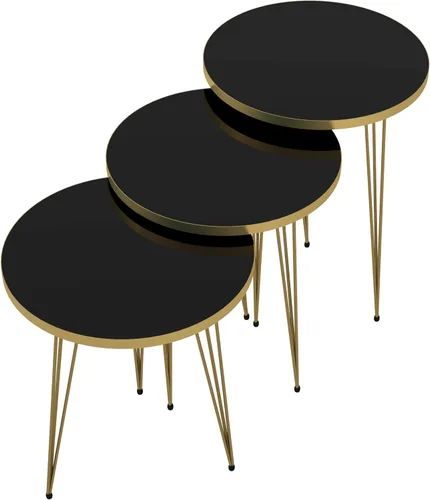 Miniatura 7 de Juego de 3 mesas auxiliares anidables con patas de color negro y dorado de alto brillo, mesa auxiliar apilable de madera con patas de metal
