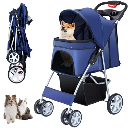 Miniatura 9 de Unisakey Cochecito para mascotas de 4 ruedas para perros pequeños y medianos y gatos, 10 a 33 libras, cochecito plegable para perros y gatos con Rosa