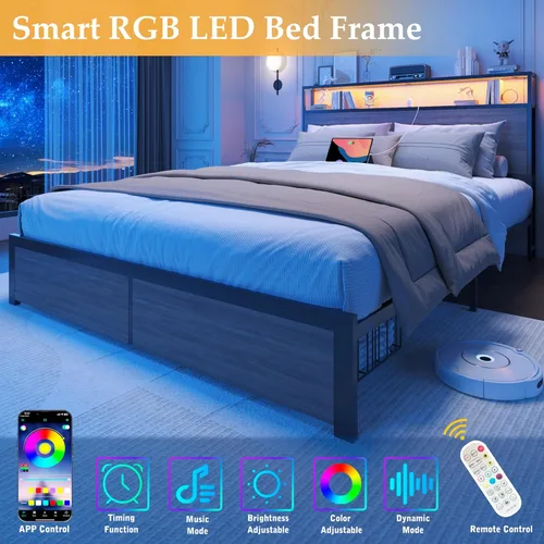 Miniatura 3 de Lifezone Base de cama Queen con cabecera de almacenamiento de 2 niveles, marco de cama de metal para dormitorio con 2 cajones de almacenamiento