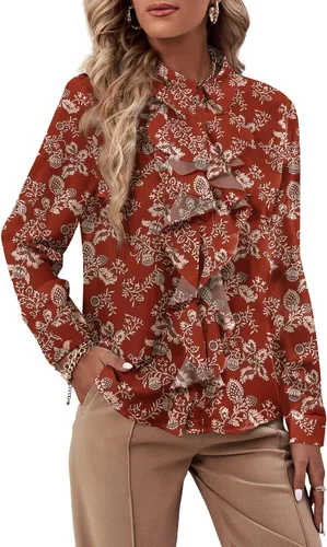Miniatura 18 de LYANER - Blusa de manga larga con cuello de botón y volantes en la parte delantera para mujer