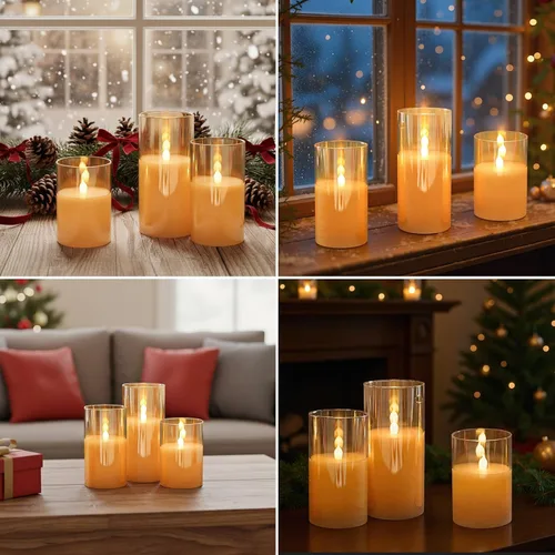 Miniatura 3 de GenSwin - Velas LED sin llama de cristal dorado que funcionan con batería, con control remoto de 10 teclas y temporizador, velas de cera real de luz