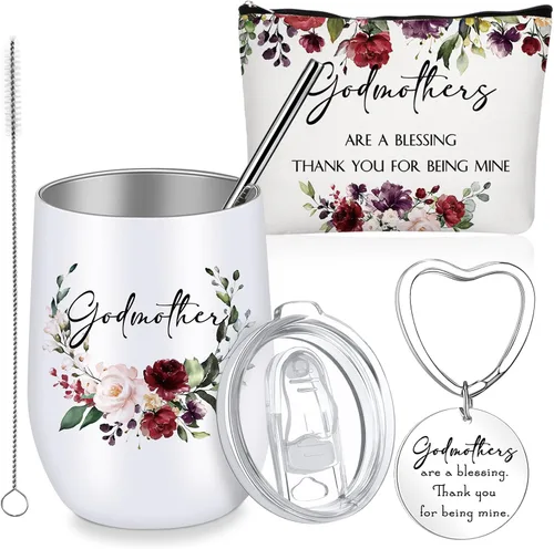 Miniatura 9 de Didaey Juego de 3 regalos para madrina de parte del ahijado, regalo de propuesta de madrina, vaso de acero inoxidable, bolsa de maquillaje, llavero