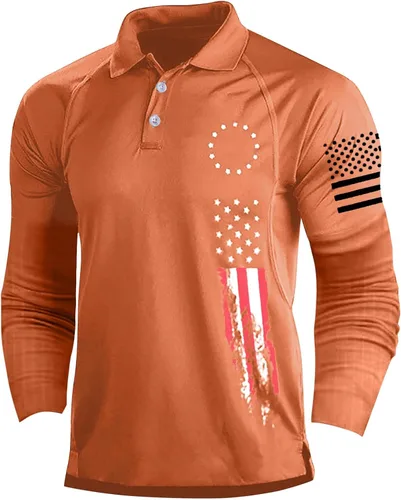 Miniatura 7 de Camisa polo de manga larga con bandera estadounidense para hombre, cuello gráfico patriótico, camiseta de golf, moderna, casual, cuello en V, tops