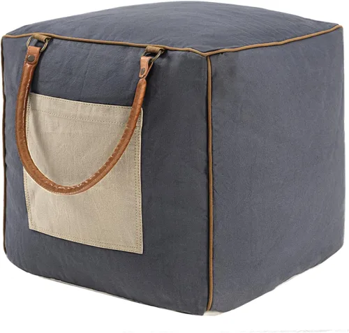 Miniatura 3 de Puf otomano de mezcla de algodón de tejido plano con bloques de color azul/beige para decoración del hogar Reposapiés industrial hecho a mano