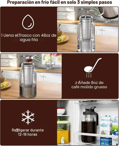 Miniatura 9 de Cafetera de Café Frío de 64oz, Cafetera para Café Helado con Filtro de Acero Inoxidable 304, Jarra Mason con Tapa y Caño (Negro)