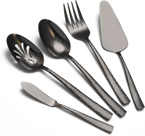Juego grande de utensilios de servir para anfitriona, cucharas de servir martilladas de acero inoxidable resistentes, cucharas ranuradas, tenedor de