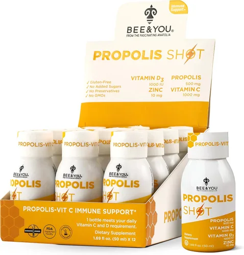 BEE and You - Suplemento de propóleos 100% natural de apoyo inmunológico, antioxidantes, vitamina C, VIT D3, zinc, jugo de naranja, miel cruda, 1.69