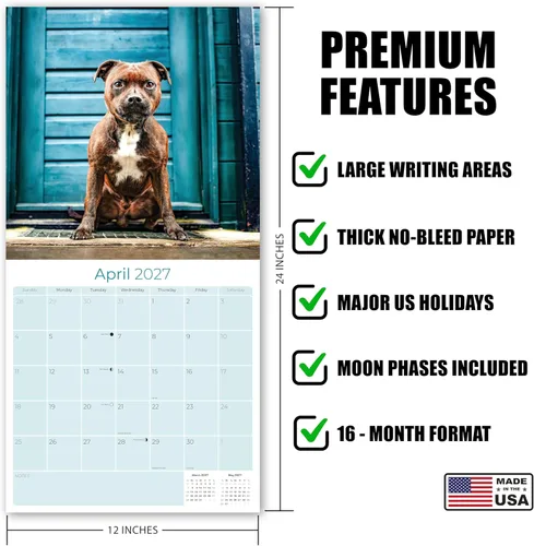 Miniatura 4 de Calendario 2025 2026 de Pitbull - Calendario de pared mensual de la raza de perro Staffordshire Bull Terrier - 12" x 24" abierto - Papel grueso sin