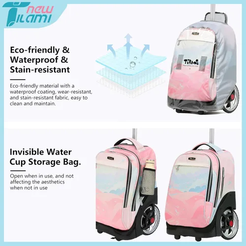 Miniatura 23 de NEW TILAMI Mochila con ruedas de 19 pulgadas con bolsa de almuerzo para niñas y niños, mochila para laptop con ruedas, bolsa de mano duradera