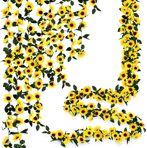 Miniatura 11 de Uieke Paquete de 2 guirnaldas artificiales de girasol, 6 pies/hebra, girasoles de seda colgantes enredaderas, guirnalda de flores con hojas verdes