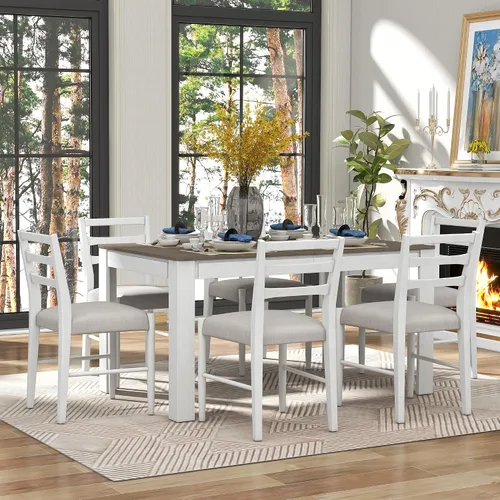 Miniatura 3 de Juego de mesa de comedor de madera de 7 piezas, mesa extensible multifuncional con hojas de 12 pulgadas y 2 cajones, 6 sillas de comedor con cojín