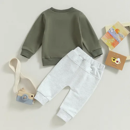 Miniatura 3 de Ropa de bebé niño de manga larga con estampado de letras de Little Guy, sudadera con pantalones deportivos para otoño