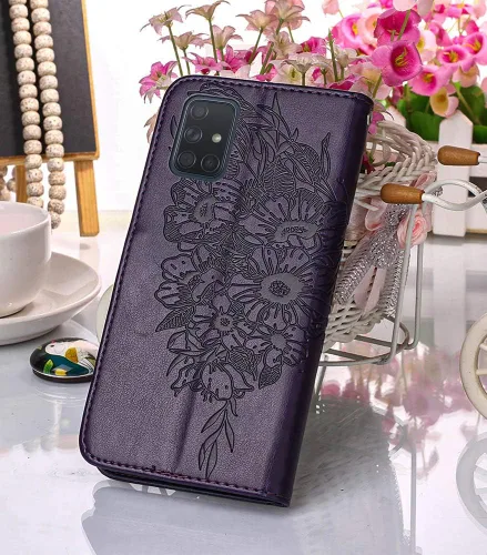 Miniatura 6 de Funda para Samsung Galaxy A51 con estampado floral en relieve, correa de muñeca, ranuras para tarjetero, funda protectora de cuero con soporte