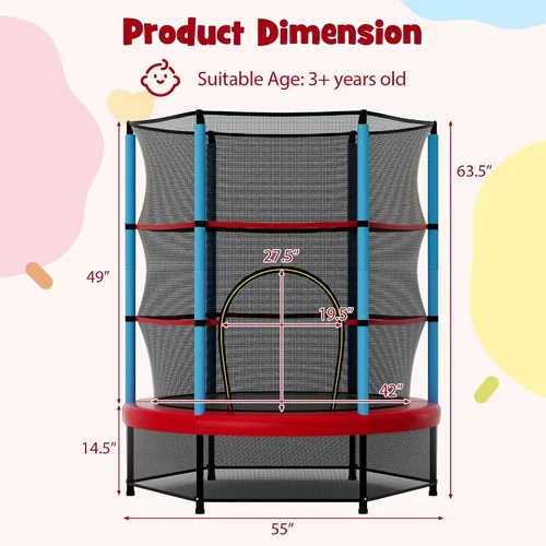 Miniatura 5 de Goplus Trampolín de 55 pulgadas para niños, cama elástica para niños con red de seguridad, diseño sin costuras, mini rebote recreativo