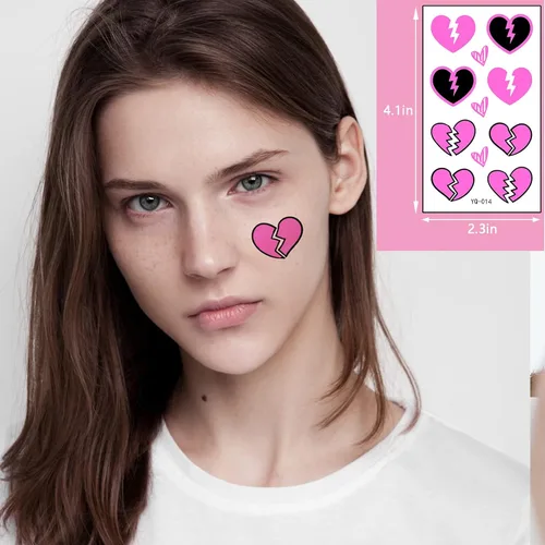 Miniatura 6 de Tatuajes temporales de neón UV, 170 piezas con forma de corazón rosa, diseños brillantes que brillan en la oscuridad, tatuajes falsos impermeables