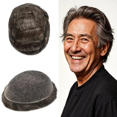 Miniatura 71 de Toupee - Sistema de reemplazo de piezas de cabello humano real, encaje suizo suave frontal para hombre, nudo blanqueado, línea capilar natural