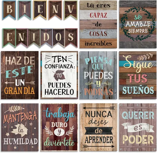 21 carteles inspiradores españoles de Bienvenidos, estilo industrial retro, póster motivacional español, juego de tablones de anuncios para el aula,