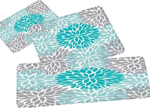Juego de 3 tapetes modernos de cocina con flores de dalia, color verde azulado, coral, gris, dalia, pinnata, suave, cómodo, antifatiga,