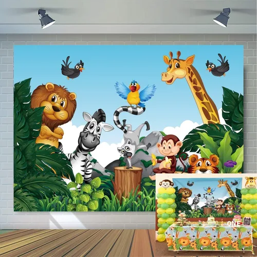 Fondo de dibujos animados de animales de la selva para fiesta temática de animales del bosque, fondo de fotos para niños, recién nacidos,