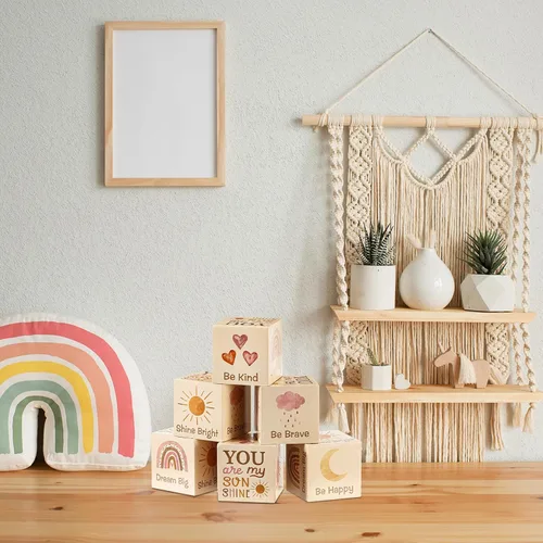 Miniatura 5 de 6 piezas de decoración bohemia para cuarto de bebé, diseño de mariposa arco iris, decoración de guardería para bebé y niño, bloque de madera