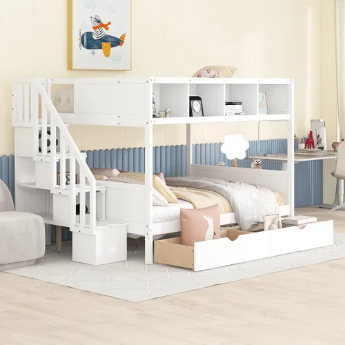 Miniatura 19 de Litera individual sobre individual con nido de tamaño individual y 3 escaleras de almacenamiento, base de cama de madera con barandilla de seguridad