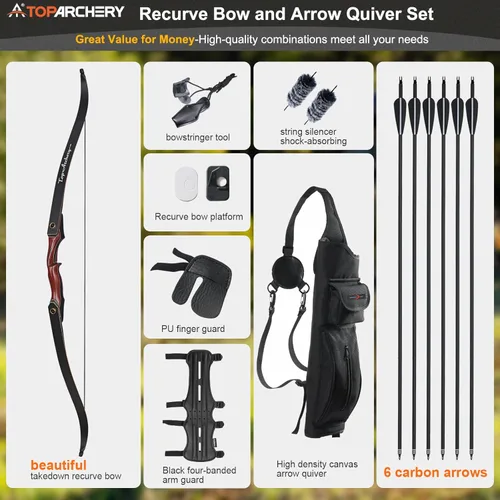 Miniatura 2 de TOPARCHERY Arco recurvo desmontable de caza de 60" y juego de flechas para adultos, práctica, competencia, kit de arco largo de 30-50 libras con 6