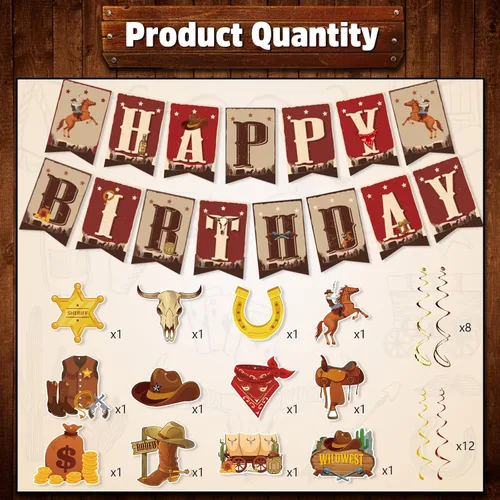 Miniatura 2 de Decoraciones de fiesta de cumpleaños de vaquero occidental, 29 piezas de decoración de fiesta temática de vaquero, remolinos colgantes, serpentinas