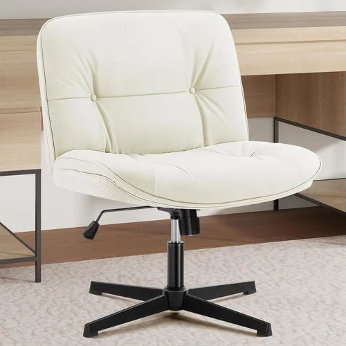 Miniatura 9 de Sweetcrispy Silla de Oficina Sin Brazos con Ruedas, Silla Amplia de Piernas Cruzadas, Sillas de Computadora Ajustables y Giratorias de Cuero
