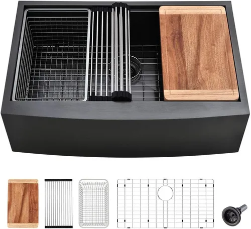 Fregadero de cocina negro de 84 cm para casa de campo con estación de trabajo-VASOYO 33x22 Fregadero de cocina negro de acero inoxidable para casa