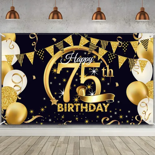 Miniatura 13 de Decoración de fiesta de cumpleaños número 15, cartel póster de tela extra grande negro y dorado para telón de fondo de cabina de fotos