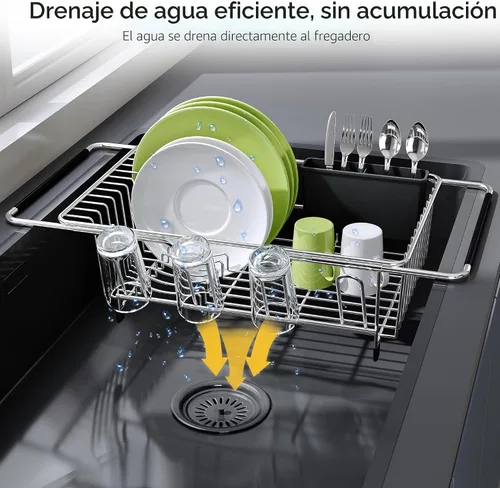 Miniatura 6 de JASIWAY - Escurridor extensible de acero inoxidable para usar sobre fregadero, encimera de cocina y dentro del fregadero, con portautensilios