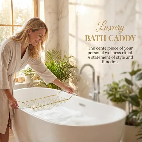 Miniatura 3 de Cabilock Bandeja de baño de acero inoxidable de lujo – Estante de baño moderno expandible de 24.8 pulgadas para bañera con copa de vino y soporte
