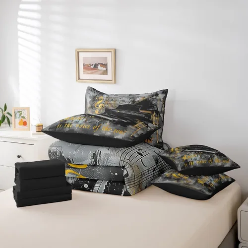 Miniatura 5 de Piano Music 7pcs Comforter King,Musical Notes Bedding Set Kids Girls Boys Teens Room Decor,Retro Graffiti Grey Gold Music Lover Bed in a Multi 11