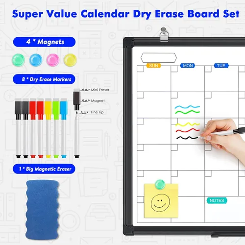 Miniatura 2 de Calendario de borrado en seco para pared, pizarra blanca magnética mensual de 24 x 18 pulgadas, borrado en seco, marco de aluminio negro con bandeja