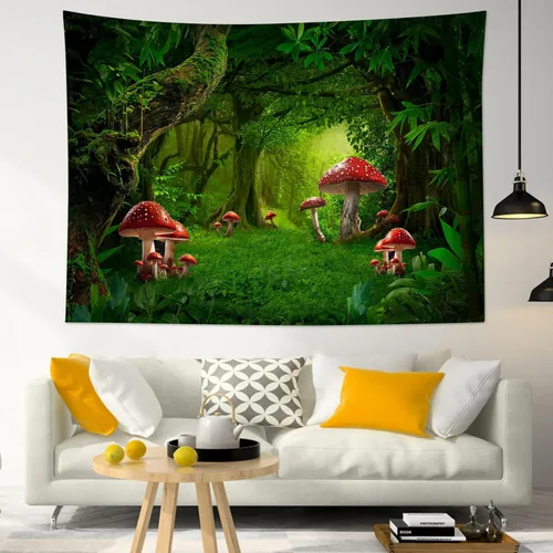 Miniatura 9 de HVEST Tapiz retro rojo de hongos para colgar en la pared, diseño floral rosa con fresa y mariposa en beige, tapiz para dormitorio, flores, plantas
